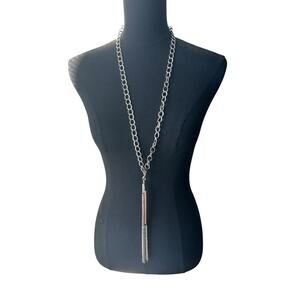 Modern Industrial Silver-Tone Tassel Lariat Necklace 35” Chain